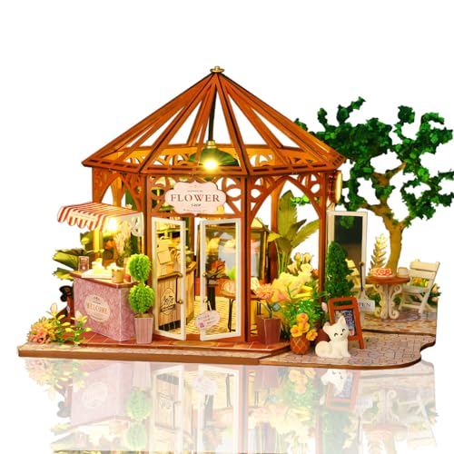 Cuteefun DIY Puppenhaus aus Holz Miniatur Garten, Mini Puppenhaus mit LED, Holzhandwerk für Erwachsene Teenager zum Bauen, Geburtstag (Blumen und Kaffee) von Cuteefun