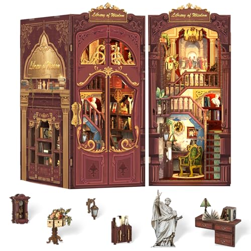 Cutefun DIY Book Nook Kit - Puppenhaus Kitaus Holz mit Staubschutzhülle,DIY Miniatur Puppenhaus Bücherecke Bibliothek Häuser Modellbausätze mit LED Leuchten Bücherregal Dekor, Library of Wisdom von Cutefun