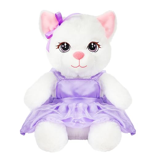 Cuteoy Weiße Katze mit lila Kleid Plüschtier Kitty Stofftier Weiche Bequeme Plüschtiere für Mädchen Jungen Geburtstag von Cuteoy