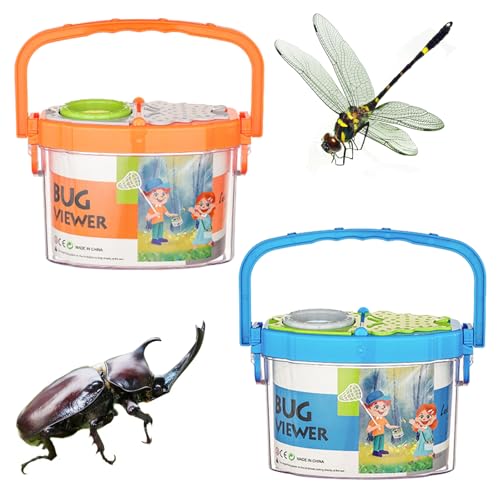 CutitiUU 2 Stück Tragbare Insektenbeobachtungsbox,Insekten Sammelbox für Kinder Natur Erkundung,Krabbelkäfer Beobachtungsbox Insekten Sammelbox mit Vergrößerungsglas (Blau+Orange) von CutitiUU