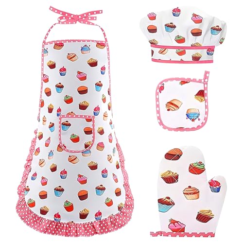 CutitiUU 4 Stück Polyester Kinder Küche Backen Schürze Hut,Kinderschürze mit Taschen für 2-6 Jahre Junge Mädche,Kinderschürze Universal-Schürze mit Taschen für Kochen Backen Malen Basteln von CutitiUU