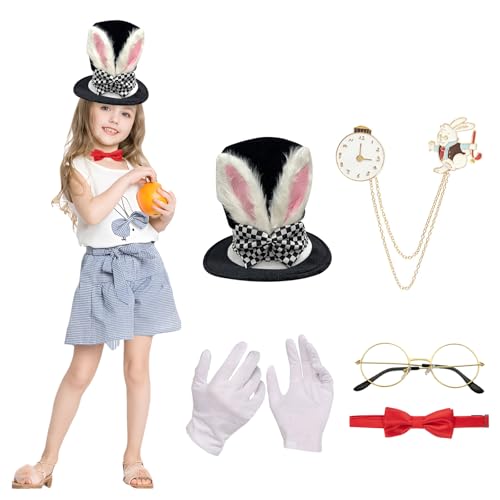 CutitiUU 6 Ostern Polyester Anziehsets,Handschuhe + Hasenohren Hut + Rote Fliege + Brille + Brosche Taschenuhr Hase,Fancy Kleid Kostüm Zubehör,Osterhase Party Kostüm von CutitiUU