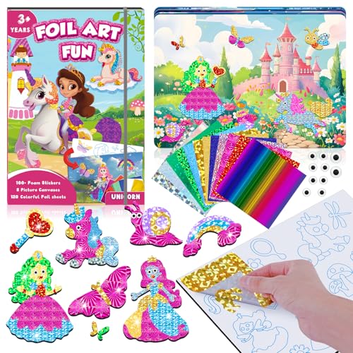 CutteeyFyry Folienspaß Kinder,Einhorn&Prinzessin Foil Art FüR Kinder,Bastelsets FüR MäDchen Alter 3-10,Kinder AktivitäT Kits Reise Spielzeug Weihnachten Geburtstag Ostergeschenke von CutteeyFyry