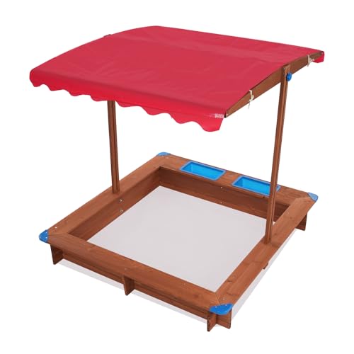 Sandkasten aus Massivholz, Sandkasten mit Dach 121x126x118 cm Matschküche Sandkiste Sandbox inkl. Bodenplane (Rot) von Cutycaty