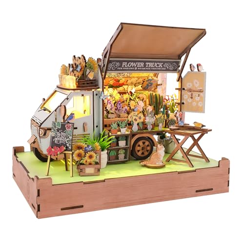 Cutywood 3D Holzpuzzle Erwachsene – Miniatur Blumen LKW, Holz Puzzle Spieluhr mit LED Beleuchtung (7,6x5,5x7in), DIY Mikroszene, Hobby Geschenk für Erwachsene, Heimdekoration von Cutywood