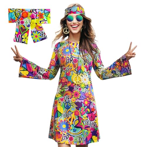 50er jahre outfit damen elegant, 60er 70er Jahre Hippie Kostüm Damen, Hippie Kleidung Damen mit Stirnband, 70er Jahre Bekleidung Damen Disco Outfit, 60er Jahre Kleider für Karneval Motto Party von Cvanxluy