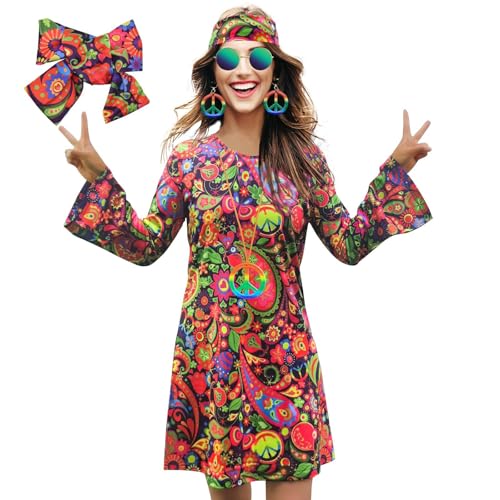 60er jahre outfit damen rockabilly, 60er 70er Jahre Hippie Kostüm Damen, Hippie Kleidung Damen mit Stirnband, 70er Jahre Bekleidung Damen Disco Outfit, 60er Jahre Kleider für Karneval Motto Party von Cvanxluy