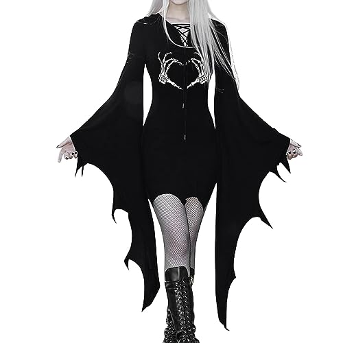 Gothic Kleid Damen Minikleid mit Trompetenärmel Gotisch Retro Vintage Steampunk Rock Kleider Karneval Party Renaissance Club Wear Cosplay Frauen Kostüm Halloween Fasching von Cvanxluy