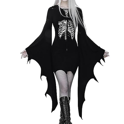 Gothic Kleid Damen Minikleid mit Trompetenärmel Gotisch Retro Vintage Steampunk Rock Kleider Karneval Party Renaissance Club Wear Cosplay Frauen Kostüm Halloween Fasching von Cvanxluy