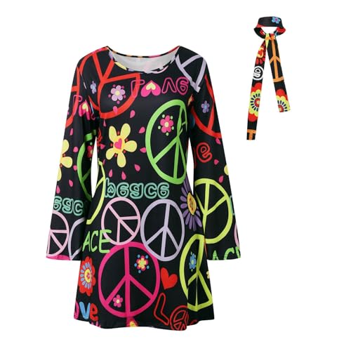 Cvanxluy just fashion now, 60er 70er Jahre Hippie Kostüm Damen, Hippie Kleidung Damen mit Stirnband, 70er Jahre Bekleidung Damen Disco Outfit, 60er Jahre Kleider für Karneval Motto Party von Cvanxluy