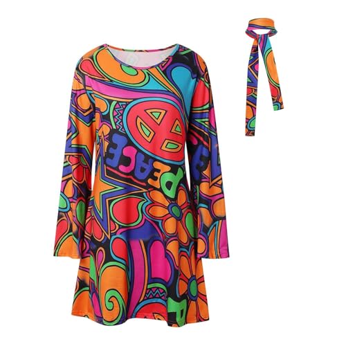 Cvanxluy kostüm 80er jahre damen kleid, 60er 70er Jahre Hippie Kostüm Damen, Hippie Kleidung Damen mit Stirnband, 70er Jahre Bekleidung Damen Disco Outfit, 60er Jahre Kleider für Karneval Motto Party von Cvanxluy