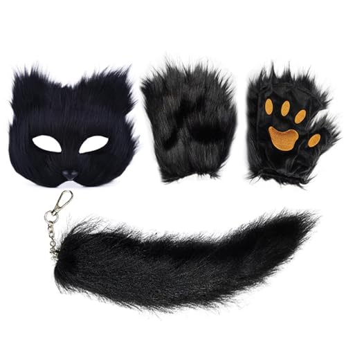 Cyatfcn Halloween-Tier-Gesichtsbedeckung – Cosplay-Maske mit Schwanz und Handschuhen, Halloween-Maske, Foto-Requisiten für Halloween-Dekoration, Kostümzubehör von Cyatfcn