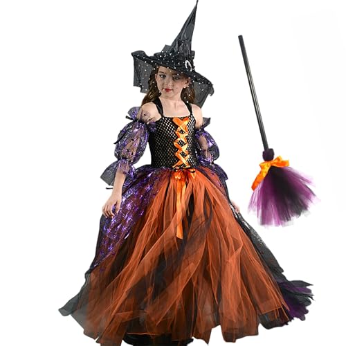 Cyatfcn Mädchen Hexenkostüm,Hexenkostüm Mädchen | Ärmelloses Halloween-Hexe-Kleid-Set,Ärmelloses Tutu-Halloween-Kostüm, Süßes oder Saures-Outfit für Cosplay, Mottoparty von Cyatfcn