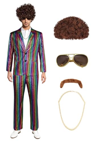 Cyborey 70er Jahre Herren Disco Bunter Anzug 5er Set Hippie Kostüm Party Jacke Hose Bart Perücke Halskette und Brille Fasching Kostüm von Cyborey