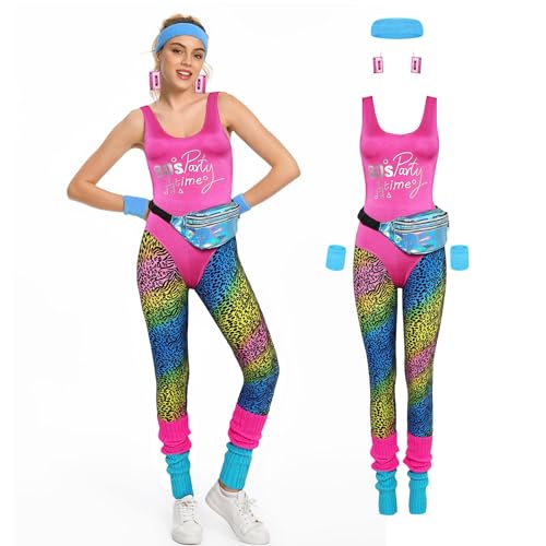 Cyborey 80er Jahre Fitness Damen 7 Stück Rosa Jumpsuit Vintage Sportswear Thema Party Kostüm Set von Cyborey