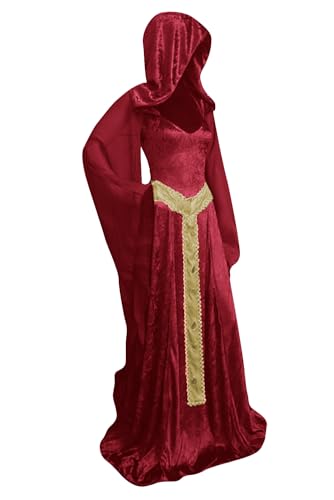 Cyborey Mittelalterliches Kleid mit Kapuze Damen Schnürung Retro Grün Langes Kleid Erwachsene Halloween Cosplay Kostüm von Cyborey