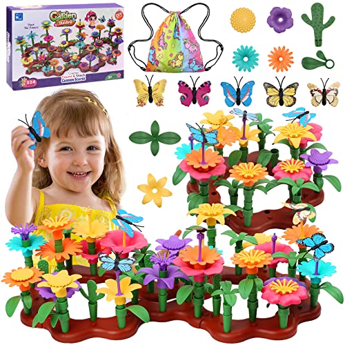 Cyiecw 224 PCS Blumengarten Spielzeug ab 3 Jahre Mädchen,Kinder Blumen Bausteine,DIY Bouquet Sets mit Aufbewahrungstasche,Garten Spielzeug für Kinder Kunst Blumenarrangement Geschenk von Cyiecw