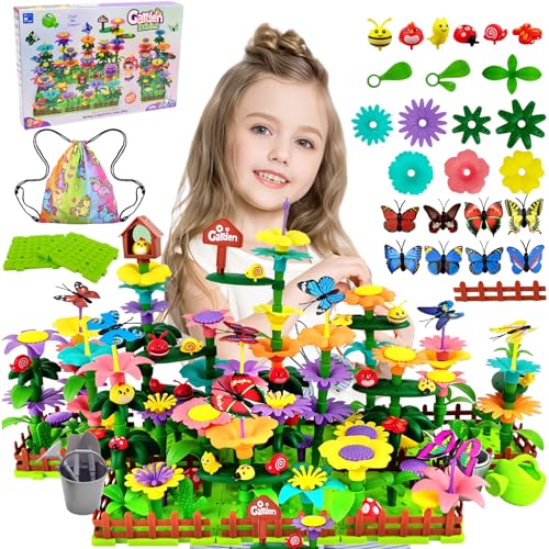 Cyiecw 332 PCS Blumengarten Spielzeug ab 4 Jahre Mädchen,Kinder Blumen Bausteine,DIY Bouquet Sets mit Aufbewahrungstasche,Garten Spielzeug für Kinder Kunst Blumenarrangement Geschenk von Cyiecw