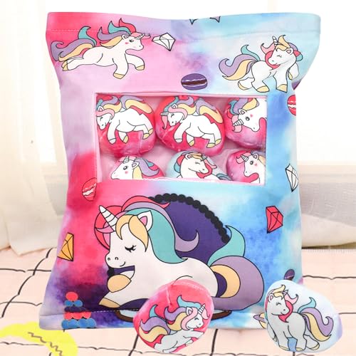 Cyiecw Unicorn Plüsch Kissen, Nettes Snack Kuscheltier Kissen, Abnehmbares Spielzeug Pudding, Kuscheltier Tasche mit 8 Kleine Regenbogen Pferdepuppen, Niedliche Geschenke für Kinder Mädchen von Cyiecw