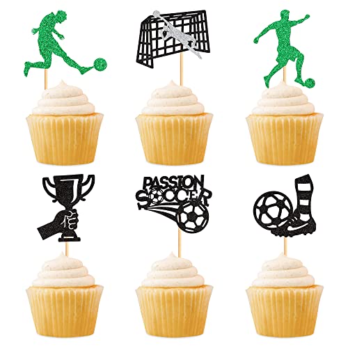 Cyodoos 24 Stück Fußball-Cupcake-Topper Glitzer Fußball Cupcake Dekorationen Sport Thema Cupcake Picks für Fußball Party Dekoration Babyparty Kuchen Dekoration von Cyodoos