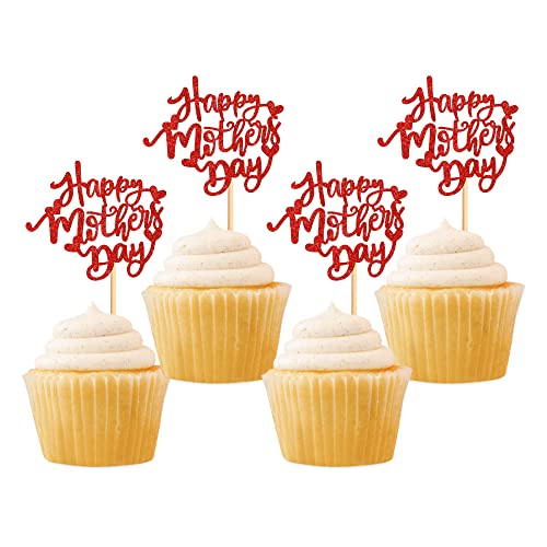 Cyodoos 24 Stück Happy Mother's Day Cupcake-Topper mit Herz Love Mom Cupcake Essen Picks Beste Mama Kuchen Dekorationen für Frauen Geburtstag Happy Mother's Day Thema Party Supplies – roter Glitzer von Cyodoos