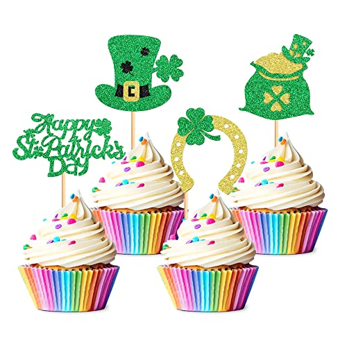 Cyodoos 24 Stück Happy St. Patrick's Day Cupcake-Topper Vierblättriges Kleeblatt Kleeblatt Kuchendekoration Dekorationen für St. Patricks Babyshower Party Supplies Geburtstagsdekorationen von Cyodoos