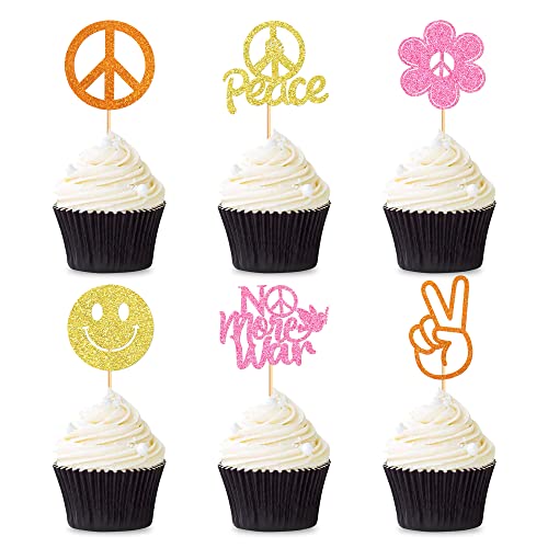 Cyodoos 24 Stück Hippie Cupcake Topper 60er Jahre Retro Boho Dasiy Blume Sonne Peace Zeichen Hand No More War Groovy Cupcake Picks für Hippie Retro Thema Geburtstag Party Kuchen Dekorationen Zubehör von Cyodoos