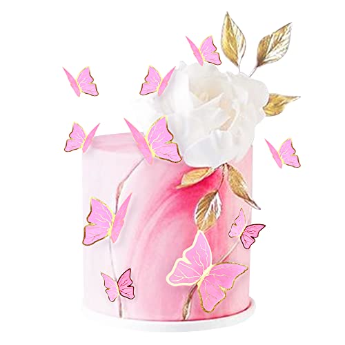 Cyodoos 30 Stück Rosa Gold Rand Gemischte Größe Lively 3D Schmetterling Cupcake Topper für Mädchen Frauen Happy Birthday Hochzeit Party Kuchen Wand Party Essen Dekorationen von Cyodoos