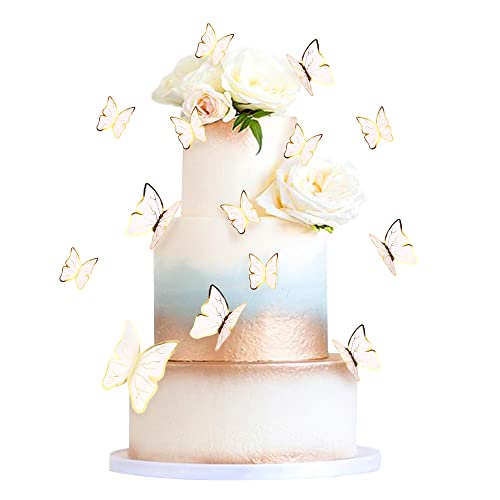 Cyodoos 30 Stück Weißgold-Ränder in verschiedenen Größen, lebendige 3D-Schmetterling-Cupcake-Topper für Mädchen und Damen, "Happy Birthday", Hochzeit, Party, Kuchen, Wand, Party, Essen Dekorationen von Cyodoos