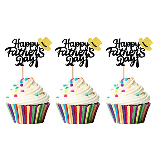 Cyodoos Cupcake-Topper "Happy Father's Day", für Vater, Cupcakes, Kuchendekoration für "Happy Father's Day", Party-Zubehör – schwarzer Glitzer, 24 Stück von Cyodoos