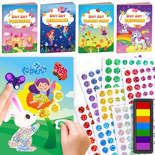 D-FantiX Punkt Aufkleber Aktivität Kit mit Stempelkissen, Diy Kunst und Handwerk für Kleinkinder Kinder, Einhorn Prinzessin Meerjungfrau Blume Fee Finger malen Kunst Aktivität von D-FantiX