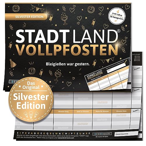 DENKRIESEN - Stadt Land Vollpfosten® - Silvester Edition - Bleigießen war gestern - A5 | Partyspiel | Wichtelgeschenk | Stadt Land Fluss | Spielblock | Geschenkidee von DENKRIESEN