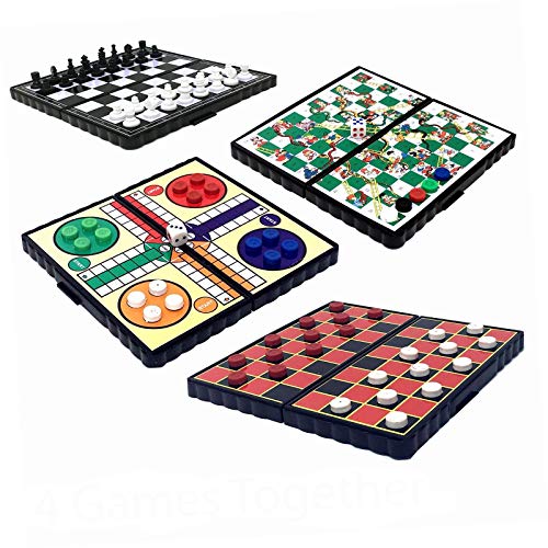 4 magnetische Mini-Brettspiele, ideal für Reisen, Unterhaltung, Schach, Dame, Ludo, Schlangen und Leitern, faltbar, einfach zu verstauen, einzeln verpackt, tolles Geschenk für Kinder von D.A.Y. Republic