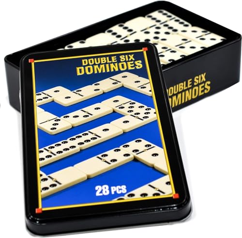 D.A.Y. Republic Klassische Doppel-Sechs-Dominosteine, 28-teiliges Domino-Set in Metall-Retro-Blech, Holzbox, Geschenk, Spielkarten, Tier, Bauernhof, Transport, Kinder, passendes Spiel (28 klassische von D.A.Y. Republic