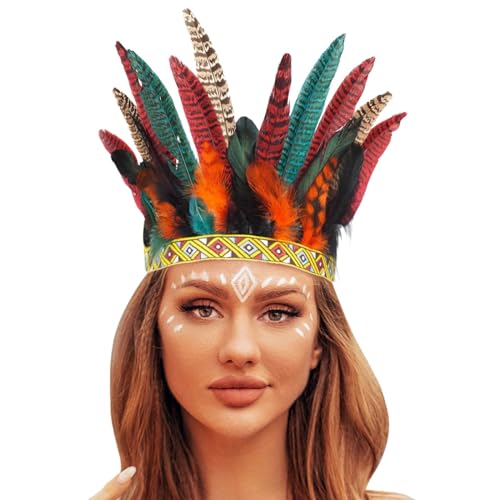 DACONGMING Karneval Indianer Kostüm Damen Accessoires Damen Kopfschmuck 20er Jahre Damen Feder Haarreif mit Künstlichen Blumen für Cocktail Hochzeit Feder KopfschmuckTee-Party Accessoires von DACONGMING