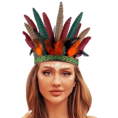 DACONGMING Karneval Indianer Kostüm Damen Accessoires Damen Kopfschmuck 20er Jahre Damen Feder Haarreif mit Künstlichen Blumen für Cocktail Hochzeit Feder KopfschmuckTee-Party Accessoires von DACONGMING