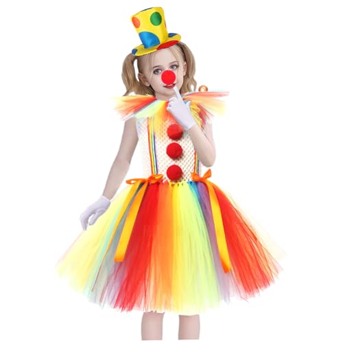 DAGLLGEW Clown Kostüm für Mädchen Buntes Clown Kostüm Set beinhaltet Hut Nasenhandschuhe und Rock Nylon Circus Kostüm für Halloween Cosplay Partybühne von DAGLLGEW