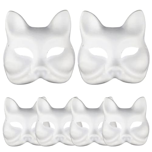 DAGLLGEW Halloween Mask 6pcs Fox Maske 7x7 Weiße Halloween -Maske mit elastischen Bandpapier -Katzenmasken zum Malen von DIY Halb Face Blank Therian Therian Ausrüstung für Halloween Cosplay Party von DAGLLGEW