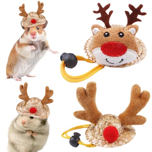 DAGLLGEW Hamster Hut 2pcs Hamster Stuff Antler Hirsch Weihnachtshamsterhüte Verstellbare Hamsterkleidung für echten Hamster mit Gurt Stroh Hamster Zeug für niedliche Look Fotos (klein) von DAGLLGEW