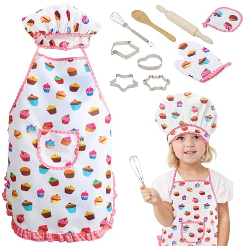 DAGLLGEW Kids Chef Set 11pcs tun vor, Spielen Spielzeugkinder Backsets für Mädchen mit Schürze Chef Hut Kochen Mitt und Cookie Cutter Kids Chef Hut und Schürze für Geburtstagsgeschenk von DAGLLGEW