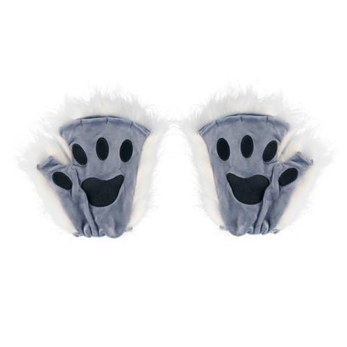 DAGLLGEW Therian Fox Paws Halloween Cosplay Halbfinger Fuchs Therian Handschuhe Pelzige niedliche gestickte Fingerlose Pfotenhandschuhe für Maskeradestadien von DAGLLGEW