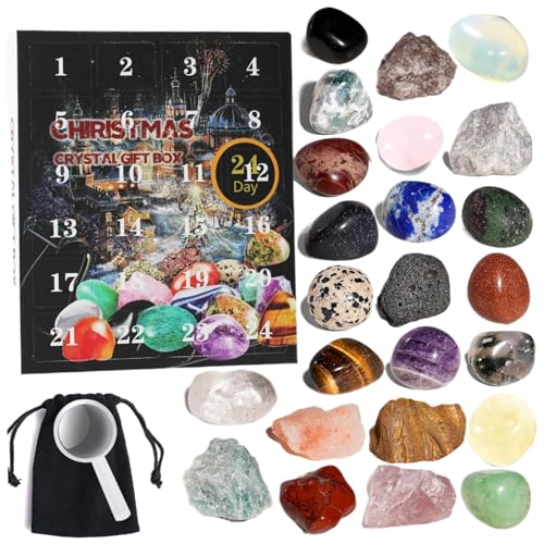 DAGLLGEW Weihnachtsab Adventskalender 2024, 24 Tage Adventskalender 24 zufällige Crystal Stone Minerals Fossilien Weihnachten Countdown -Kalender -Enthusiasten Rock Collection Geschenk von DAGLLGEW