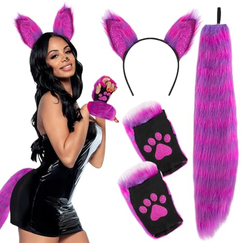 Fuchs Ohren und Schwanz Set Elastic Pelry Maske Pelzige Ohren Stirnband Pailletten Pelz Pfoten Handschuh und flauschige Fuchsschwänze Fox Kostüm für Halloween Fancy Party Cosplay Kostüm Geschenke L von DAGLLGEW