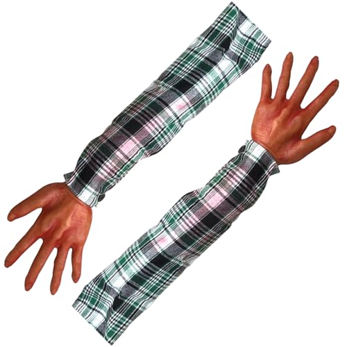 Gefälschte Hand 2pcs Halloween Requisiten 22 Zoll abgetrennten falschen Arm mit kariertem Stoff Ärmel weiche realistische Halloween-Körperteile gruselige Halloween-Dekorationen für Haunted House Ha von DAGLLGEW