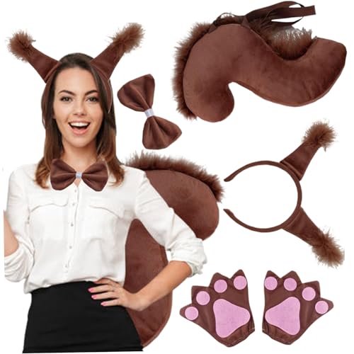 Halloween Kostüm Eichhörnchen Kostüm umfasst therian Ohren Stirnband Therian Paws süße Bowtie ＆ Therian Tail mit elastischen Riemen weiche Ohren und Schwanz für Weihnachten Halloween Cosplay Kostüm von DAGLLGEW