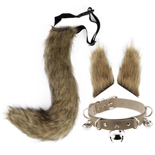 Halloween Kostüm fuchs Ohren und Schwanz Halloween Wolf Ohren und Heck und Lederhals Halshalshöhe Realistisches personalisiertes Therian Katze Pelzige Kostüm für Cosplay Masquerade (Glasgelb/Farbe) von DAGLLGEW