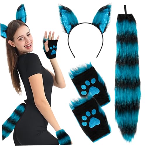 Halloween Kostüm fuchs Ohren und Schwanz Set Elastische pelzige Ohren Stirnband Pailletten Purry Paws Handschuh und flauschige Fuchs Schwänze Fox Kostüm für Halloween Cosplay Kostümgeschenke Blau von DAGLLGEW