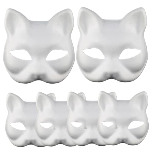 Halloween Mask 6pcs Katzenmaske 7x6.7 Weiße Halloween -Maske mit elastischen Bandpapier -Katze Masken zum Malen von DIY halb Gesicht Therian Maske Therian Ausrüstung für Halloween Cosplay Party von DAGLLGEW