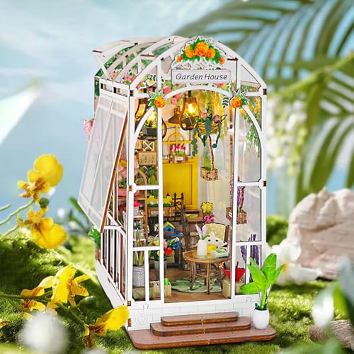 DAJASD Book Nook Kit, 3D Puzzles Garden House mit LED Lampe,DIY Booknook Diorama,Hölzernes Book Nook Puppenhaus, Miniatur Haus Modellbausatz,Diorama Modelbau Bücherregal Deko Geschenk für Erwachsene von DAJASD