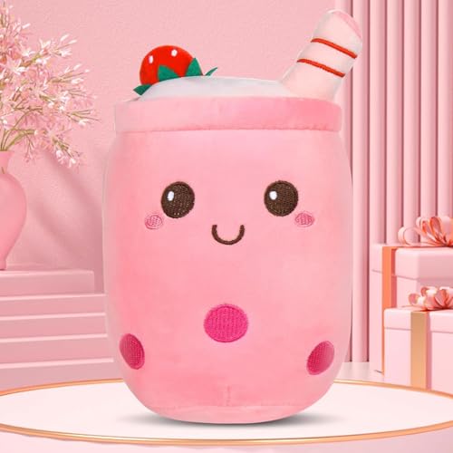 DAJASD Bubble Tea Plüschtier, Bubble Tea Kuscheltier 25cm, Teetasse Kissen Kinderspielzeug, Bubble Pearl Milk Tea Kuschelkissen für Kinder Mädchen Erwachsene Cartoon (Rosa) von DAJASD